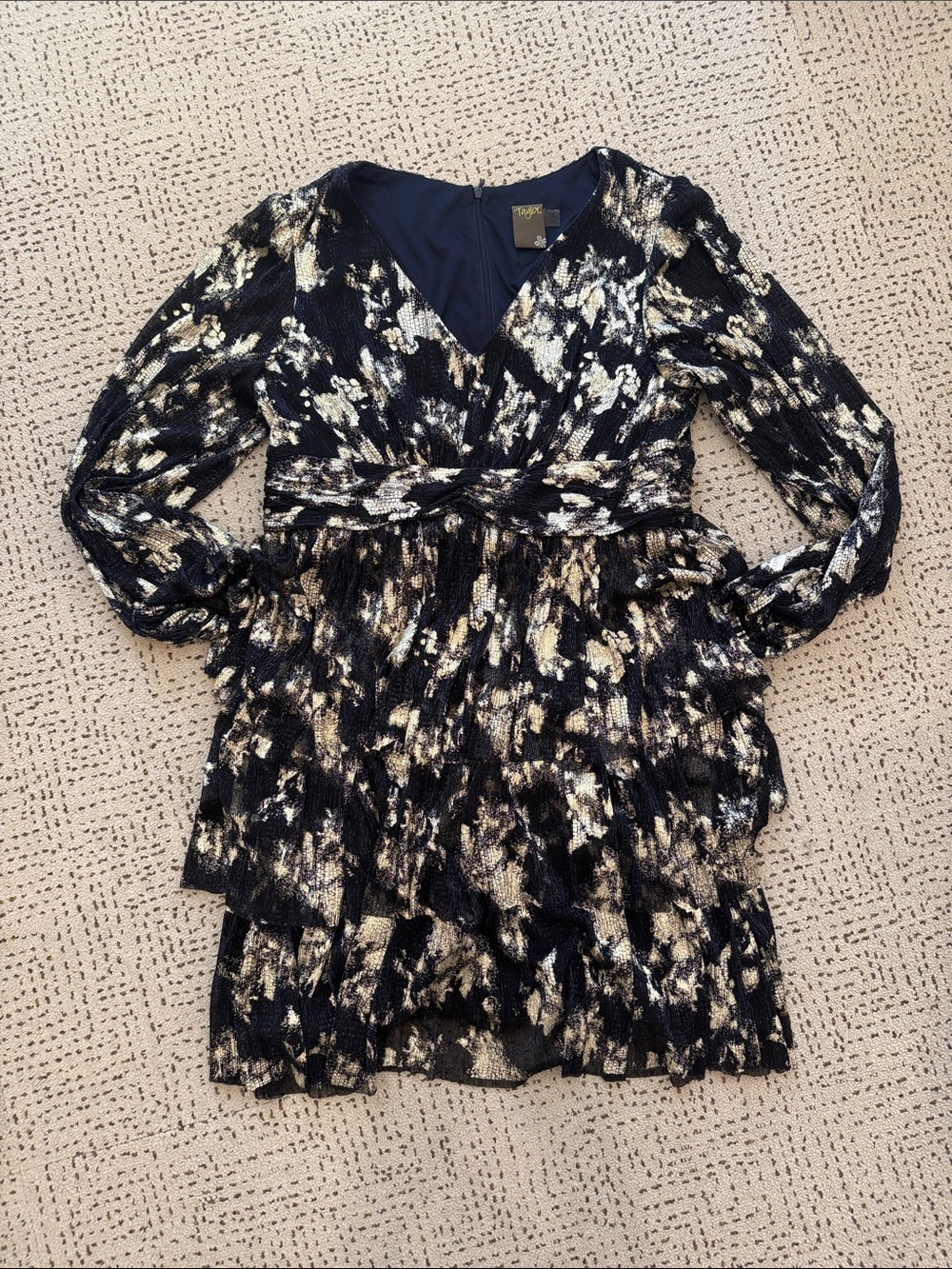 Long Sleeve navy & Gold V-Neck Ruffle dress 12P